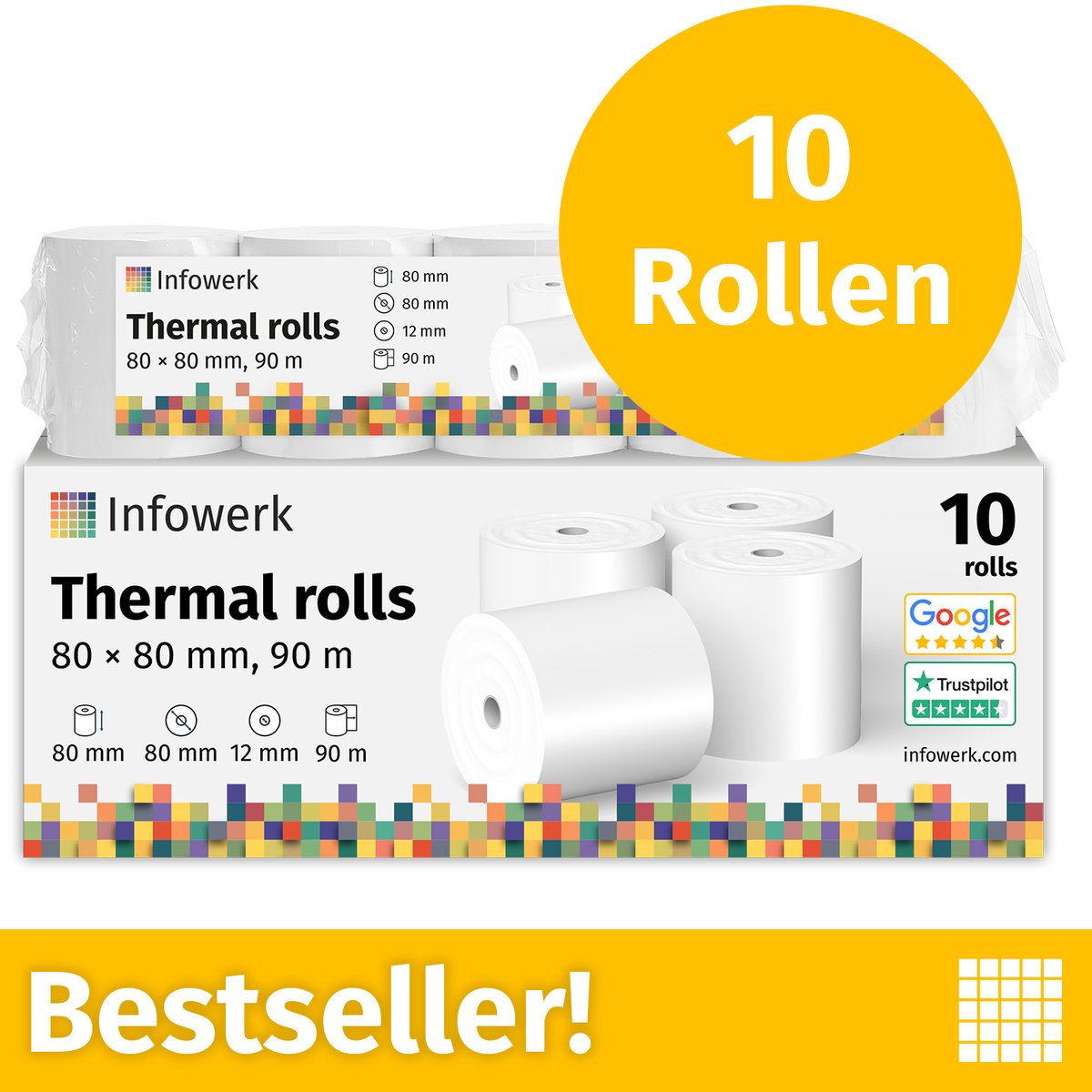 Infowerk thermorollen / kassarollen, 10 rollen, 80 mm x 80 mm x 12 mm, 90 m, PEFC, voor EPSON, IBM en vele andere merken.