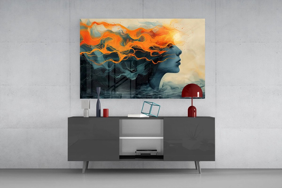 Glasschilderij Abstract Vrouw met Oranje Lijnen – Moderne Wanddecoratie – Gehard Glas 4 mm - 90 x 60 cm