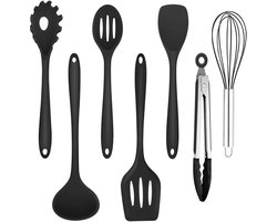 Dailygoods - Homikit Keukenhulpset, 7 stuks, zwart siliconen keukengerei, kookbestekset, anti-aanbaklaag, hittebestendig kookgerei met spatel voor koken, bakken, gezond/vaatwasmachinebestendig