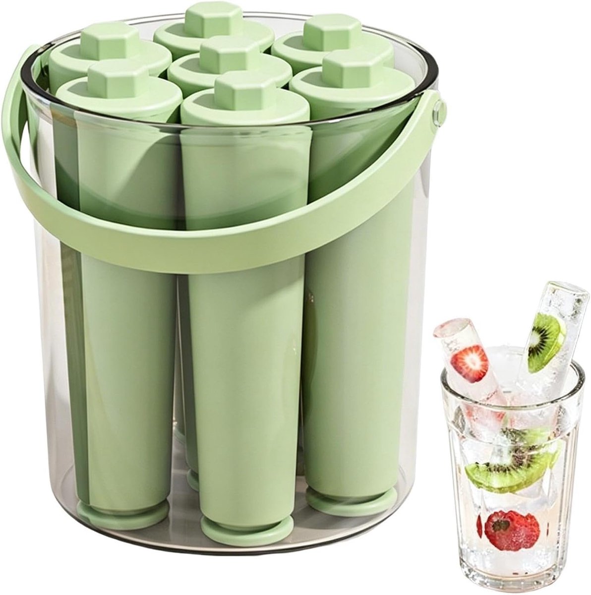 IJsstokbakje Met Deksel - IJsvorm Maker - Drankjes Koelen - Gemakkelijk Ontvormen - 7 Stokken - Groen