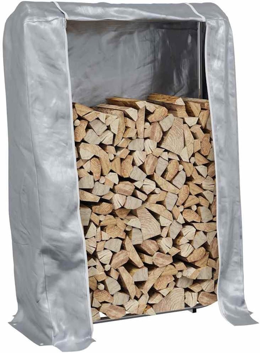 Brandhout Opslag - Hout Rek - Buiten Opslaan - Inclusief Regenhoes - 100x25x150 cm - Zilver