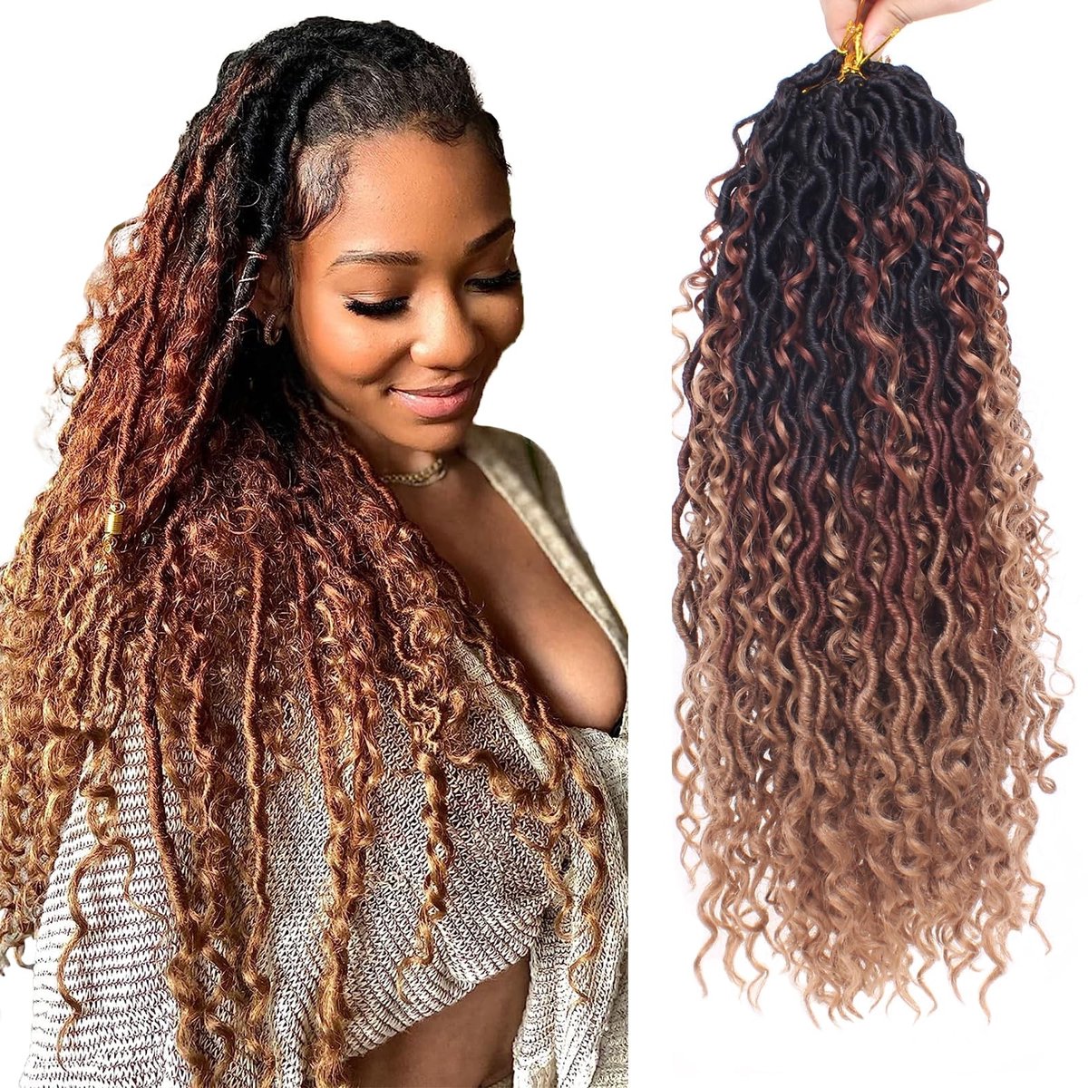 Dailygoods - Xtrend 18 inch 8 pakken 3 tinten River Faux Locs Crochet haar met krullend midden en uiteinden 14 strengen / pak Pre-Buckle Messy Bohemian Faux Locs Hair Extensions 1B3027#