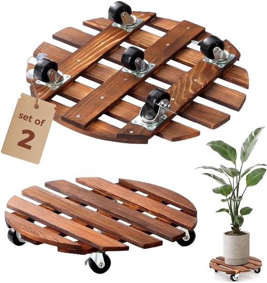 SnelShoppen - Houten Plantroller Rond Set van 2 - Met Vergrendelbare Metalen Zwenkwielen - Stabiele Rolplank - Diameter 30 cm - Draagvermogen Tot 100