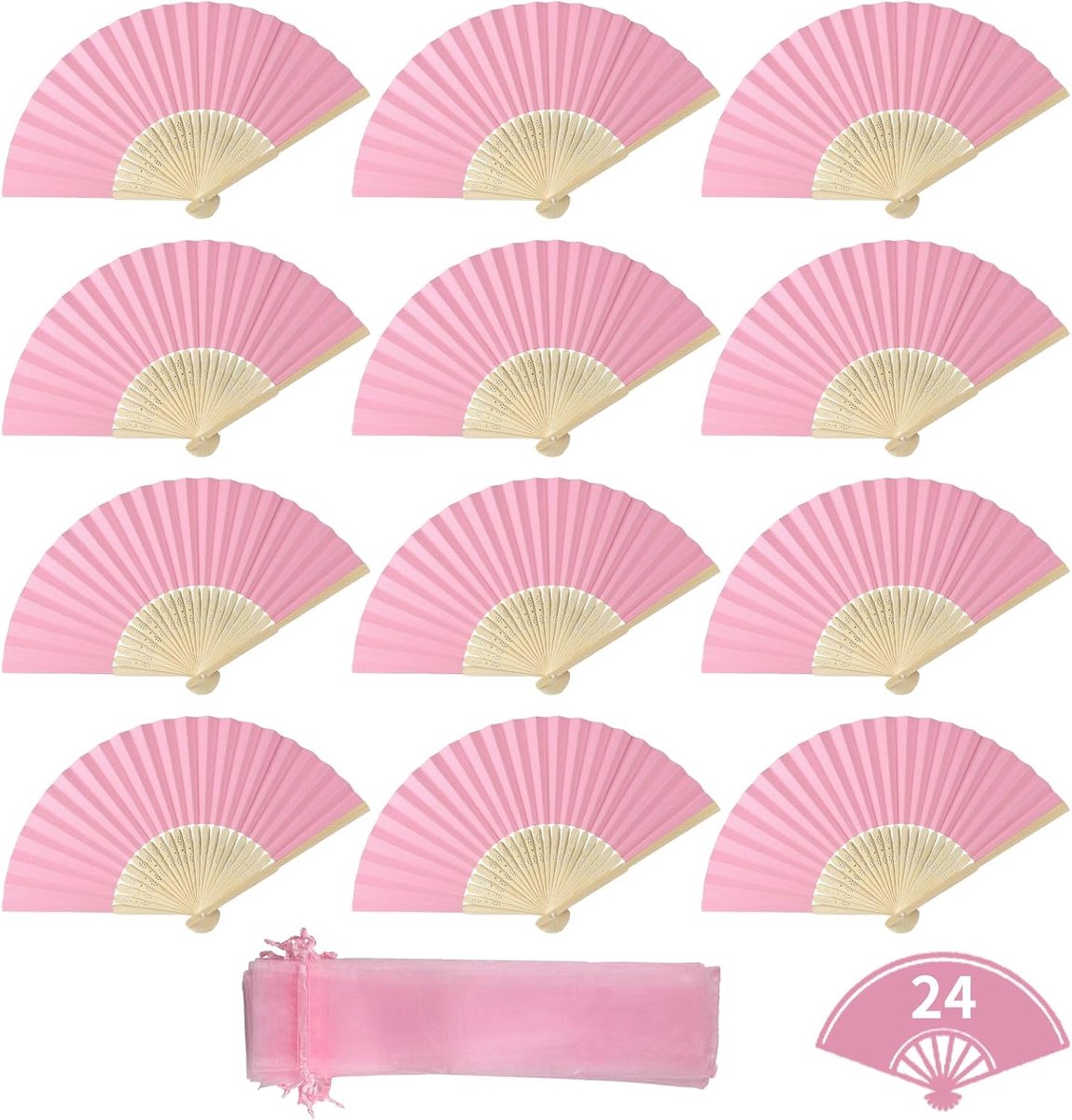 SnelShoppen - 24 Stuks Trouwen Ventilatoren Papieren Houten Ventilator met Roos, Japanse Vouwventilator, Vouwbare Tasventilator, Gepersonaliseerde Fee