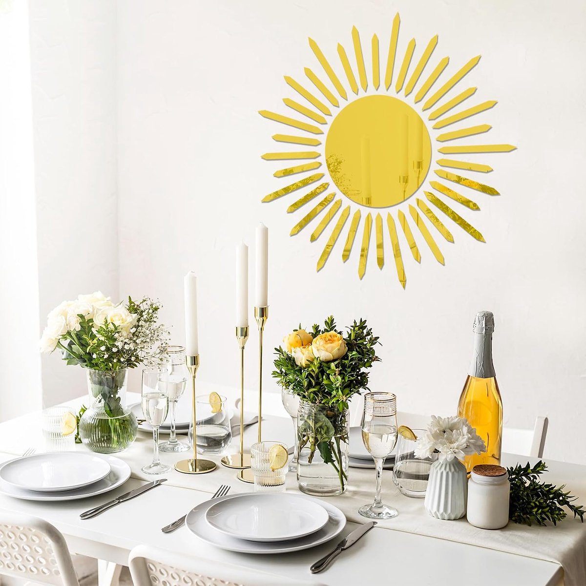 SnelShoppen - Sun Sign Acryl Wandsticker met Spiegel voor Woonkamer Ronde Bloemen Zelfklevende Wanddecoratie Stickers voor Slaapkamer Keuken Decoratie