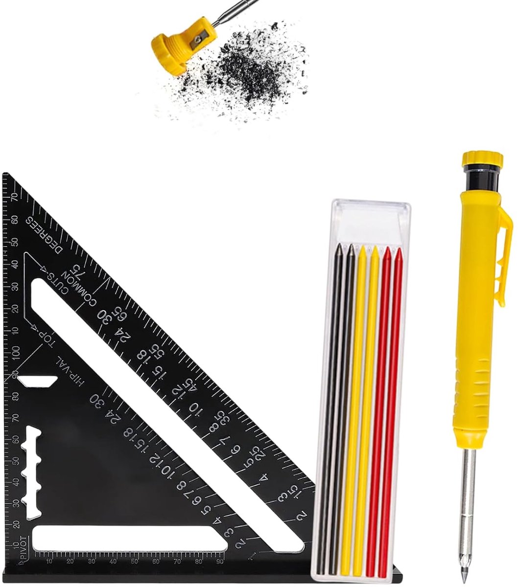 SnelShoppen - Timmermanshoek 3-in-1 Set 18,5 x 18,5 mm Aluminium Gradenboog met Houtbewerkingsstiften - Nauwkeurig Markeren en Tekenen - Multifunction