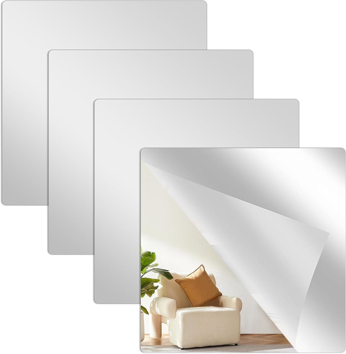 SnelShoppen - Pack van 4 Zelfklevende Tegel Spiegels 20 x 20 cm - Acryl Spiegel voor Kinderen, Woonkamer, Badkamer, Slaapkamer - Veilig met Afgeronde