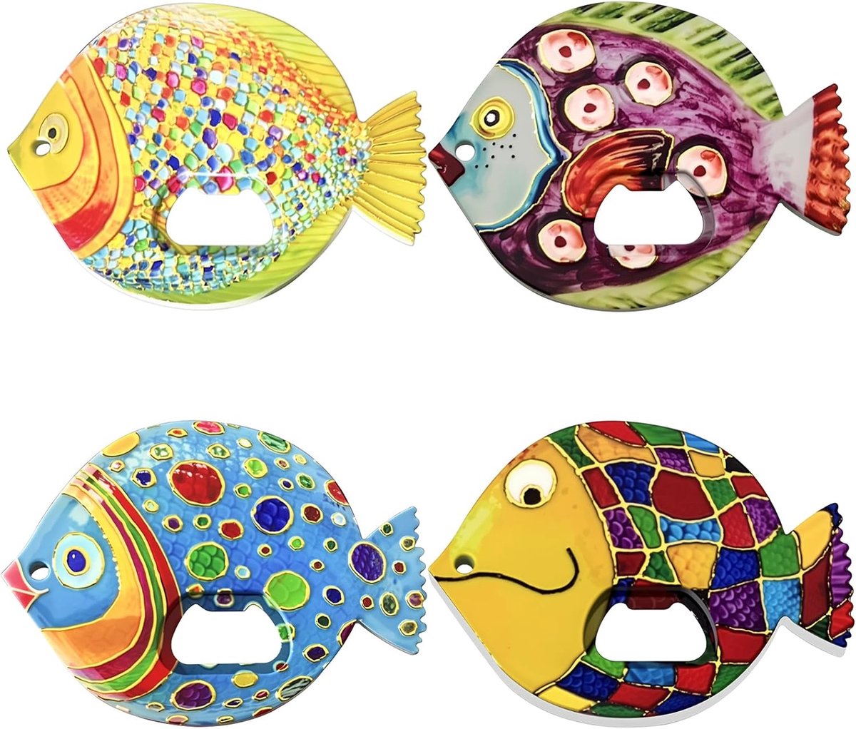 SnelShoppen - 4 Stuks Vissen Vormige Koelkast Magneten met Flesopener, 3D Fridge Stickers, Kleurrijke Decoratie voor Keuken, Barbecue en Feestjes