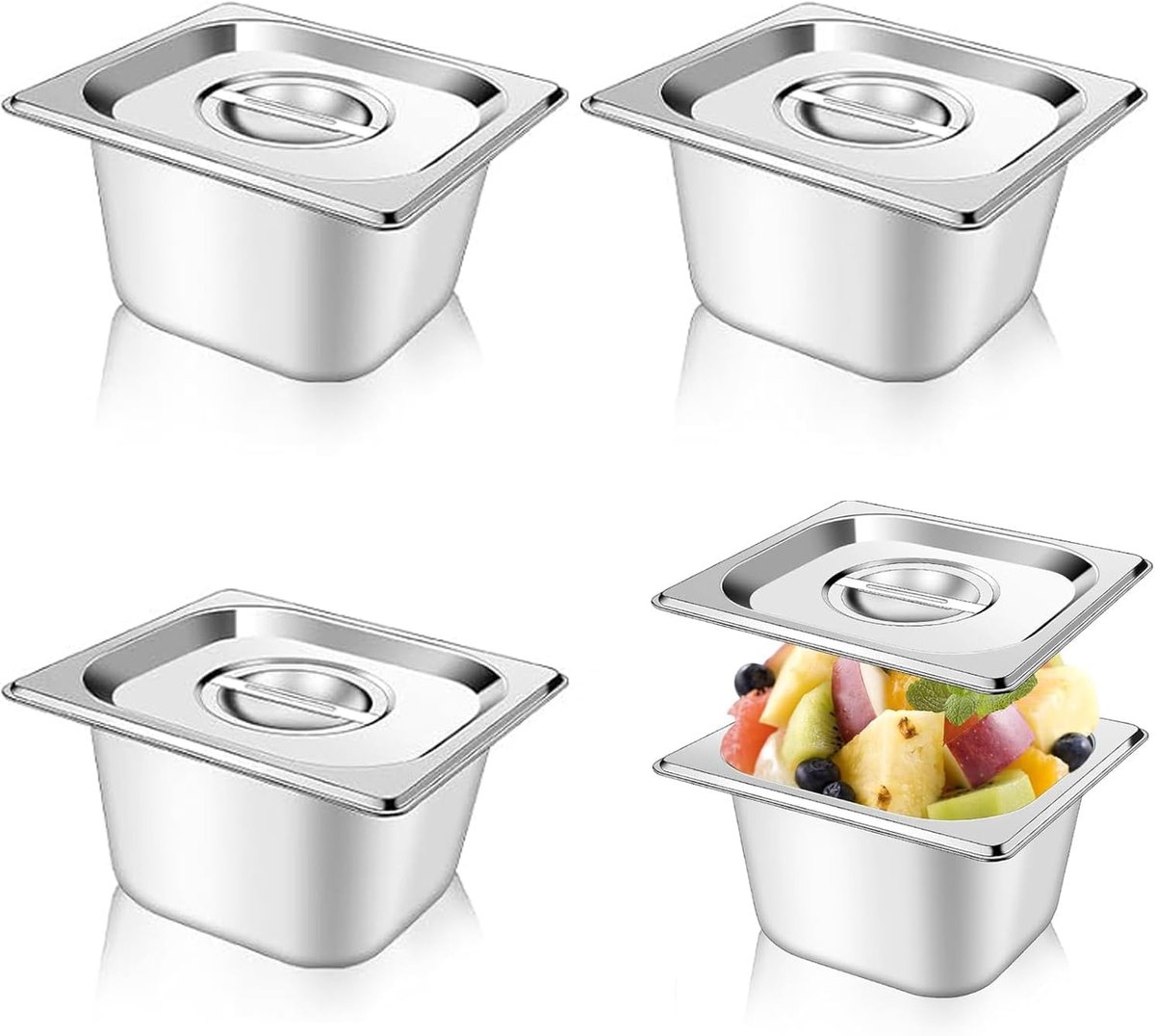 SnelShoppen - 4-delige RVS Gastronom Pan 1/6 met Deksel, 10cm Diepte, Voedselopslag en Organisatie voor Catering, Feest en Restaurant