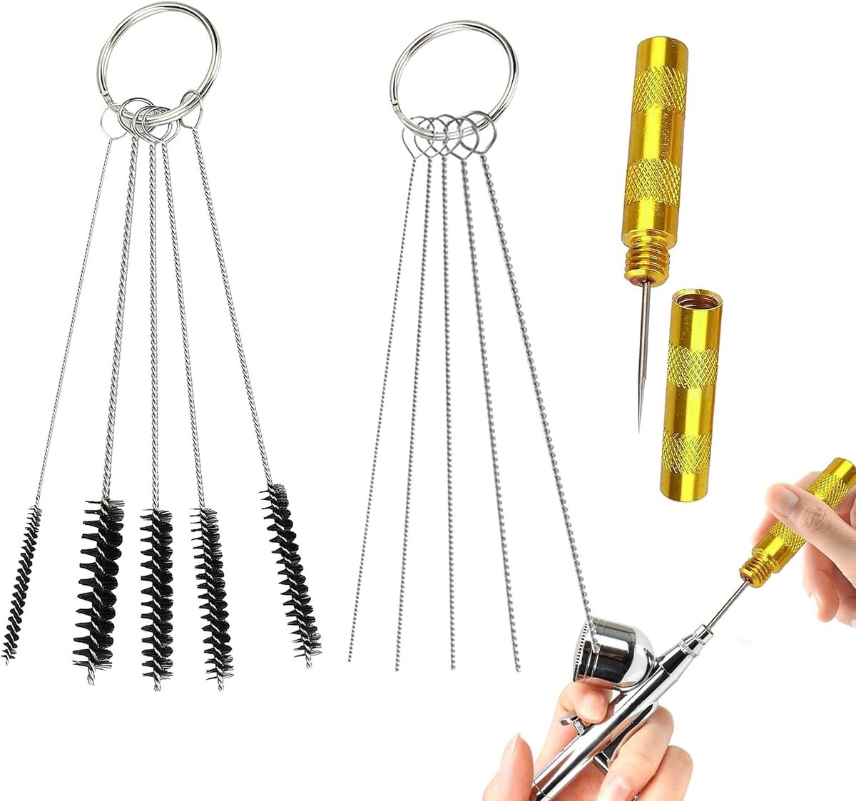 Reinigingsset voor airbrush met borstels en naalden, roestvrij, ideaal voor het ontstoppen van airbrushdoppen en onderhoud van airbrushpistolen