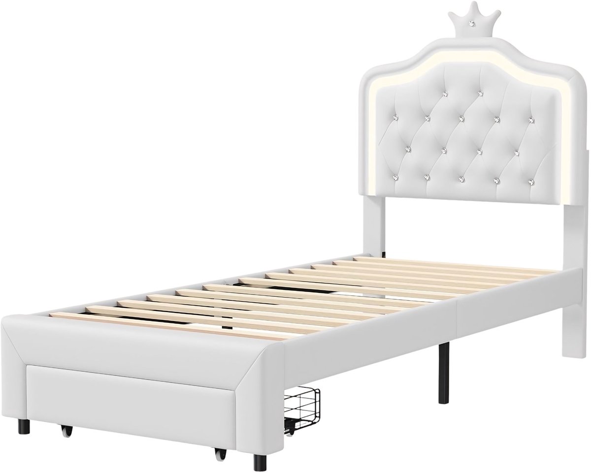 Happiq Kinderbed - 90 x 200 Cm B Wit Fluweel - Gestoffeerd Eenpersoonsbed met Hydraulische Opbergruimte, Hoofdeinde met