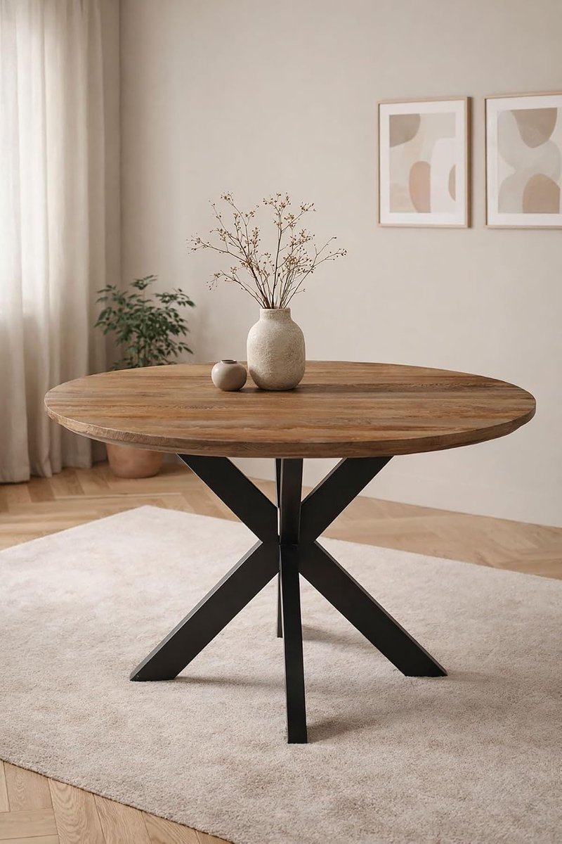 Home Ronde Eettafel 150 cm Mangohout – Bruin – Zwart Metalen Matrix Onderstel – Elegant Chic – 6-7 Personen