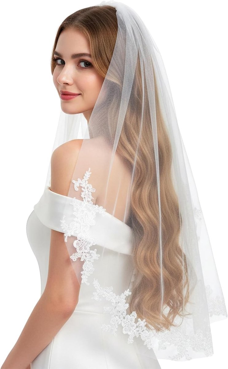 Elegante witte trouwsluier met kam, 1-laags ontwerp met bloemenrand, perfect voor bruiloften, vrijgezellenfeesten en bruidsmeisjes