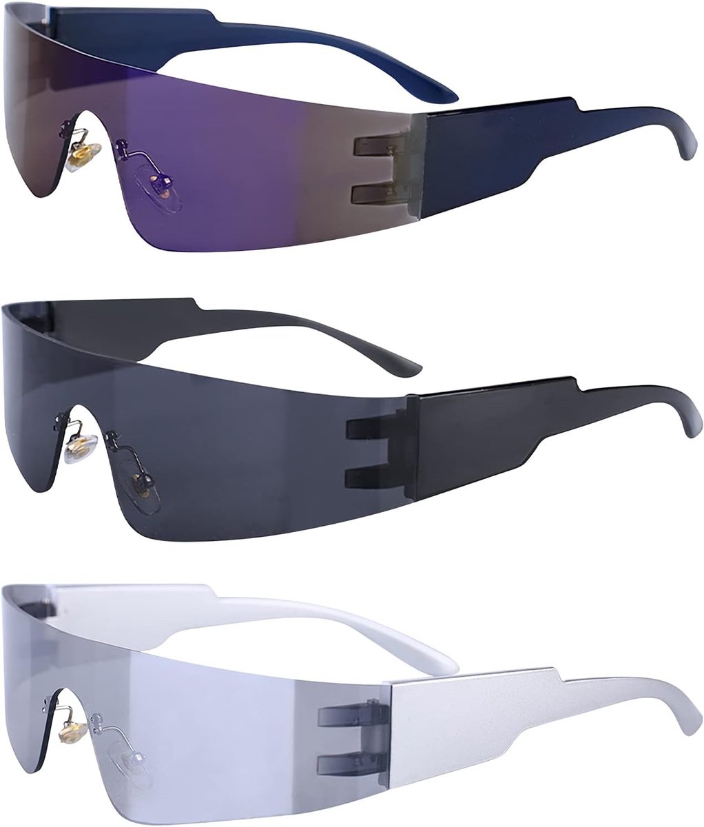 Frameloze zonnebril: 3 paar futuristische brillen, snelle rave-bril, voor rollenspellen en carnavalsfeesten (zwart/grijs, zilver/wit, zwart/blauw)