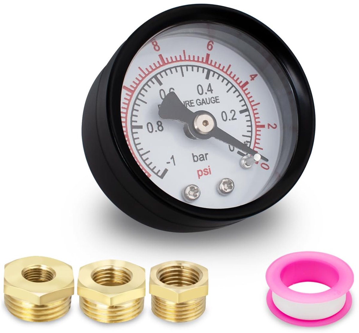1 Stks 40mm Vacuüm Manometer BSP -1 ~ 0 Bar -14 ~ 0 Psi met 3 Stuks Bus 1/8 "tot 3/8", 1/8" tot 1/2" en Een Teflon Tape, Axiaal