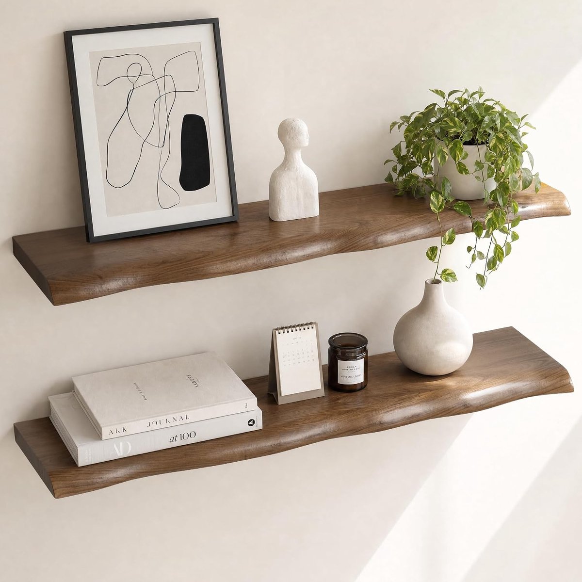 Set van 2 hangplanken met speciaal gevormde planken, wandrek van MDF in walnootkleur, 80 cm lang, voor woonkamer, slaapkamer, hal
