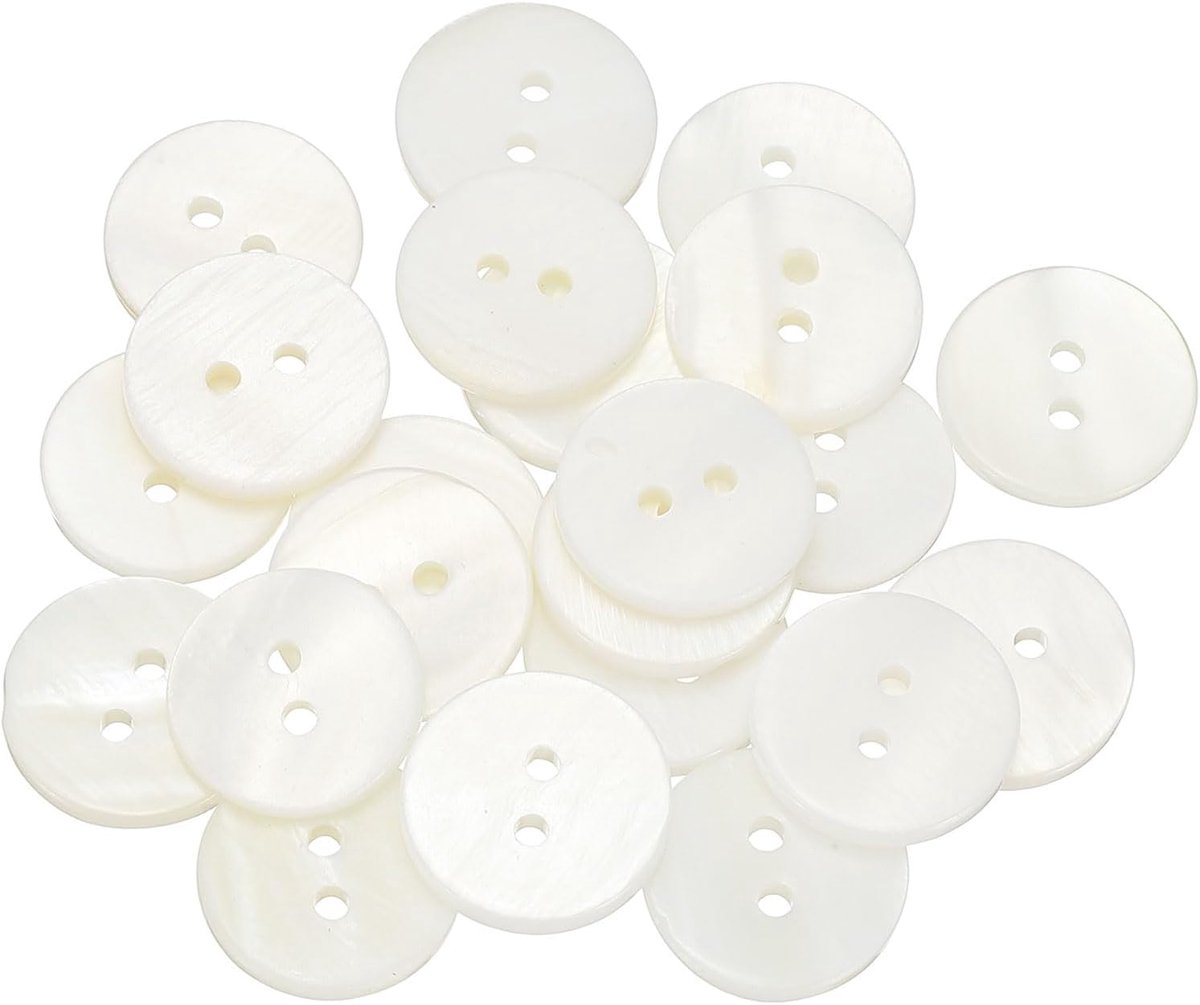 21 stuks natuurlijke parelmoer knopen, 2 gat 15 mm ronde parelmoer knopen voor shirt jassen pakken jas jeans rokken DIY naaien handwerk, wit
