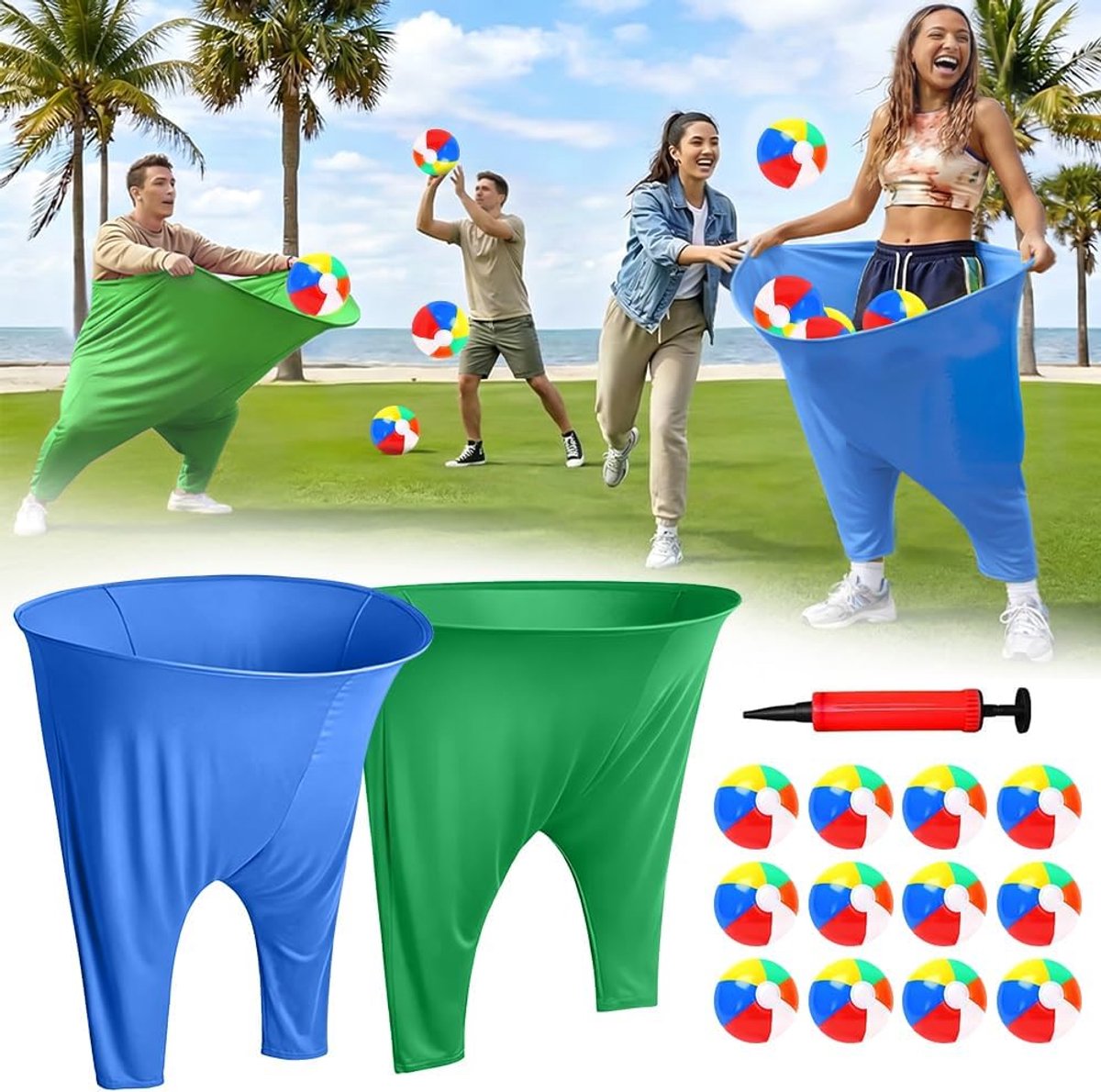 Pants tuinspel voor Pasen, 2 stuks oma-broek-terrasspel, outdoor spellen voor volwassenen, 12 × springballen en 1 × ballonpomp, werpspel voor carnaval, familiebijeenkomsten, tuinfeesten