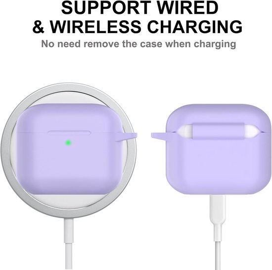 hoes voor AirPods Pro 3 2025, beschermende siliconen Case voor Air Pods Pro 3 Skin Front LED zichtbare siliconen cover met karabijnhaak, Lavendel — afbeelding 4