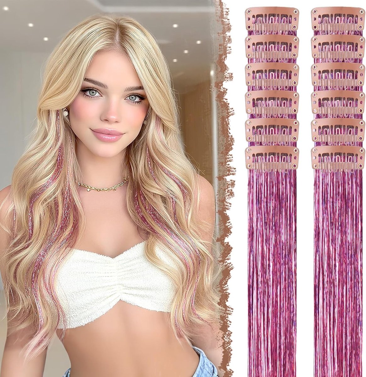 Tinsel do Włosów na Klipsie, 12 Kolorowych Błyszczących Pasemek, Brokatowe Rozszerzenia Fairy Hair na Imprezę, Lśniące Akcesoria dla Kobiet, Roze 50 cm