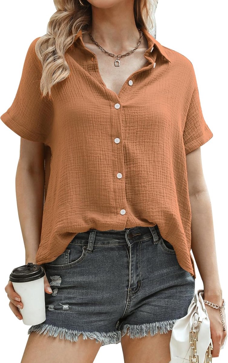 Mousseline blouse dames elegant bovenstuk 100% katoen korte mouwen hemdblouse met V-hals blouses tuniek tops zomer