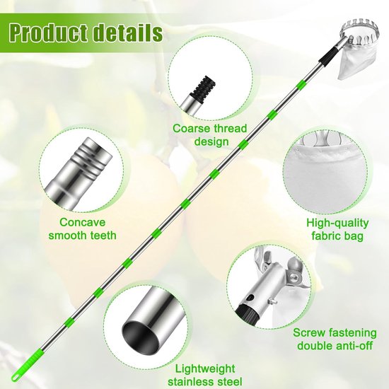 Fruitplukker Telescoopsteel - Appelplukker Pruimenplukker - Fruit Oogsten - Verstelbare Lengte - 4 Meter - Zilver — afbeelding 5
