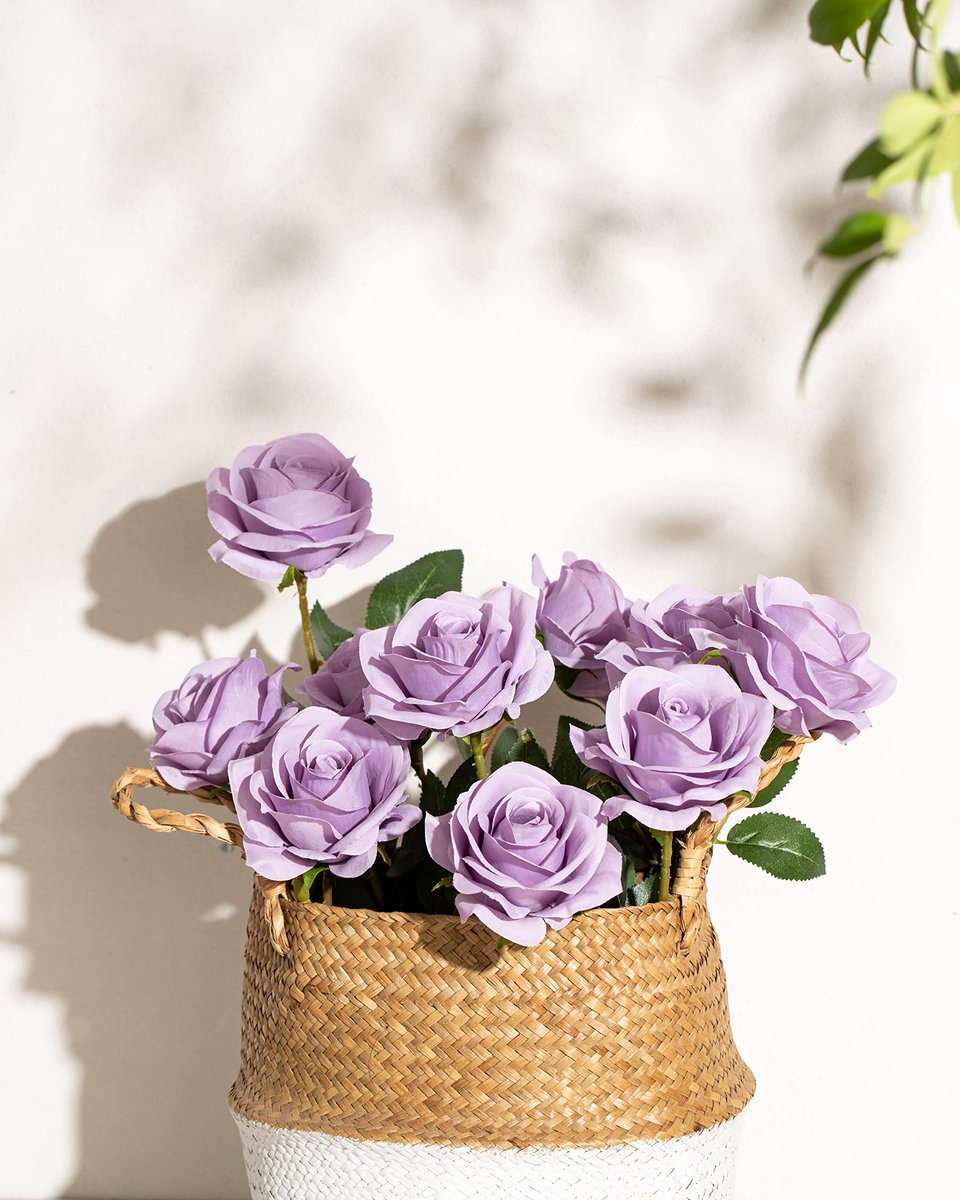 SnelShoppen - 10 Kunstmatige Rozen Kunstzijde Bloemen Bruidsboeket Lila Met Lange Stelen Voor Tafelarrangement Feest Decoratie