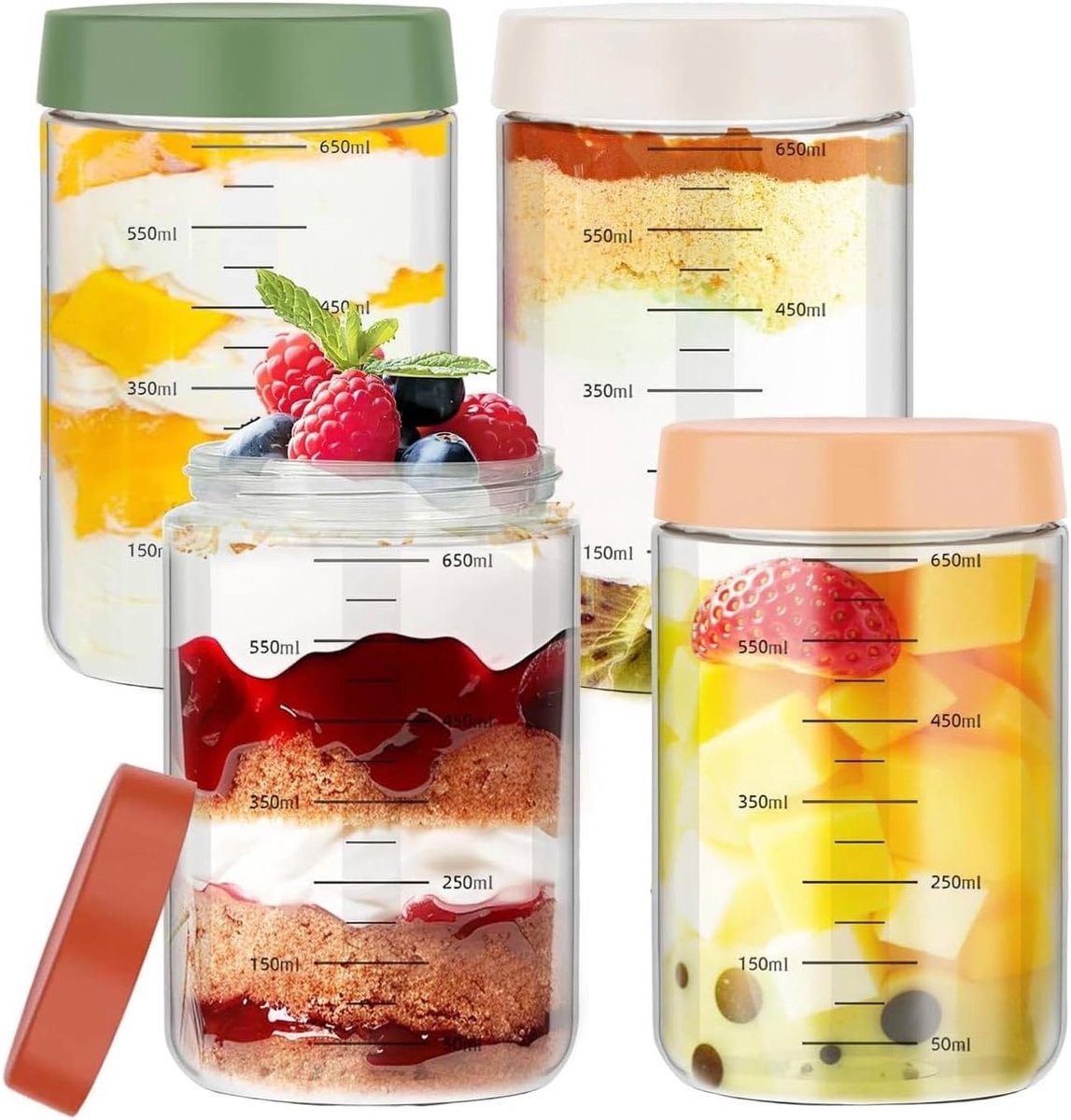 Set van 4 Herbruikbare Glazen Oat Containers van 750 ml - Lekvrije Voedselopslag Jars voor Snacks en Yoghurt