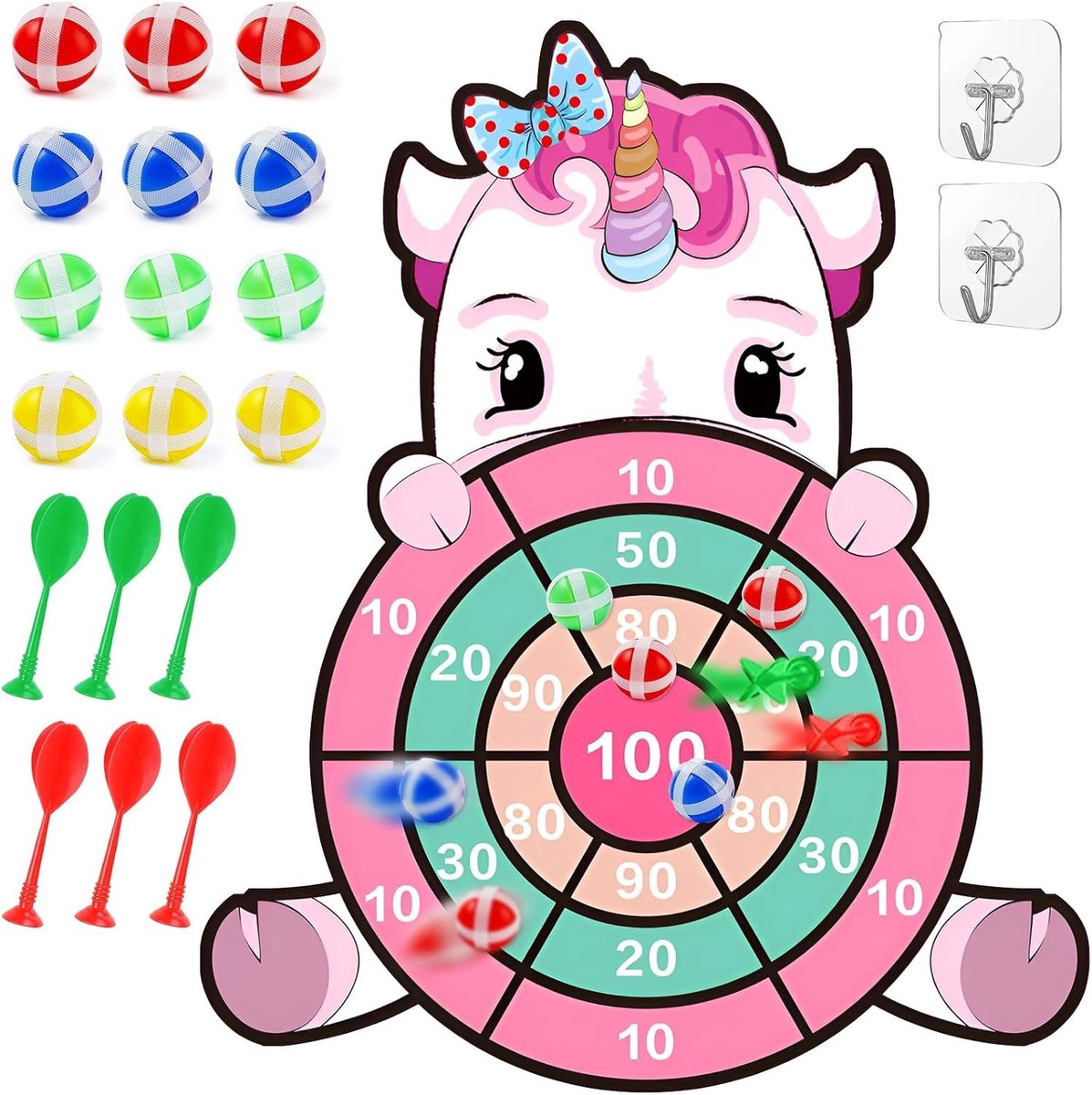 Groot Dartbord Spel voor Kinderen met 12 Plakballen en 6 Darts, Vouwbaar Spel voor Feesten en Activiteiten Binnen en Buiten voor Kinderen van 4-12 Jaar