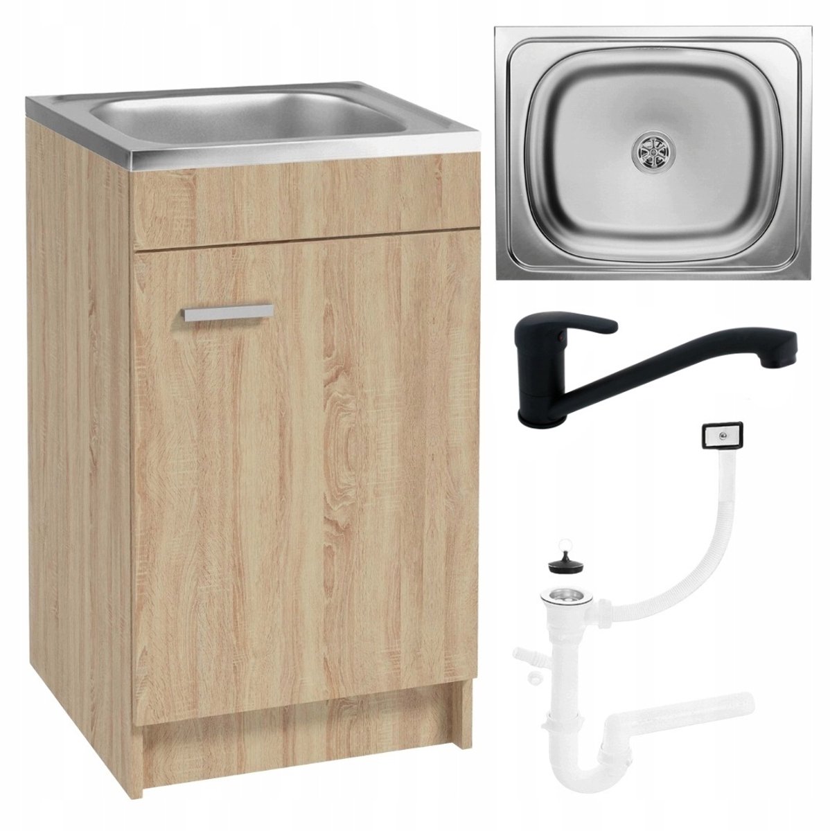 STAMAR - Keukenonderkast 50 cm - eiken sonoma - RVS spoelbak 50 x 40 cm, zwarte draaibare kraan en sifon