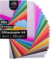 OfficeTree Glitterpapier A4 - 20 Kleuren - 250 g/m² - Knutselpapier voor Knutselwerk, Wenskaarten en Scrapbooking - Achterzijde Wit - 50 Vellen