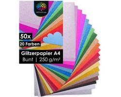 OfficeTree Glitterpapier A4 - 20 Kleuren - 250 g/m² - Knutselpapier voor Knutselwerk, Wenskaarten en Scrapbooking - Achterzijde Wit - 50 Vellen