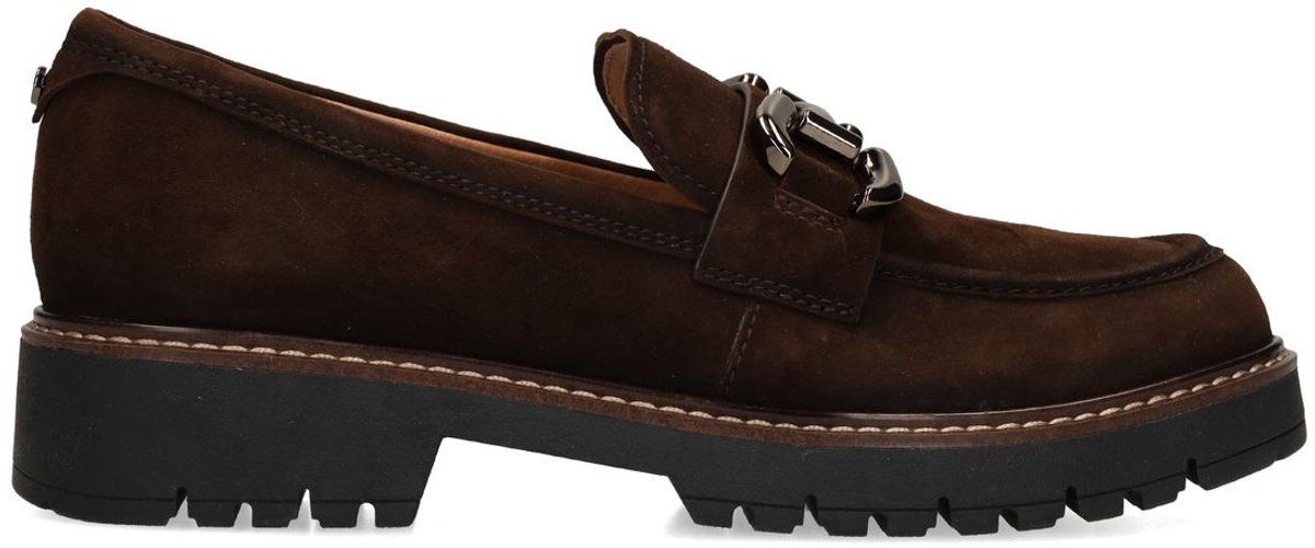 No Stress - Dames - Donkerbruine suède loafers met chain - Maat 41