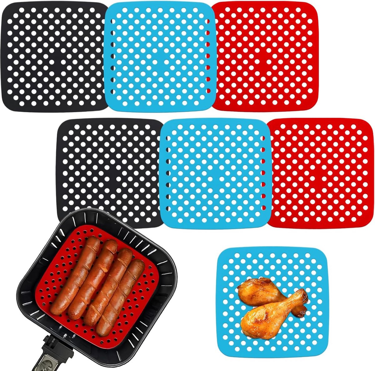 SnelShoppen - Set van 6 Vierkante Silicone Airfryer Inleggers 21,5 cm, Herbruikbare Antiaanbakmatten, Hittebestendig, Vaatwasmachinebestendig, Zwart/R