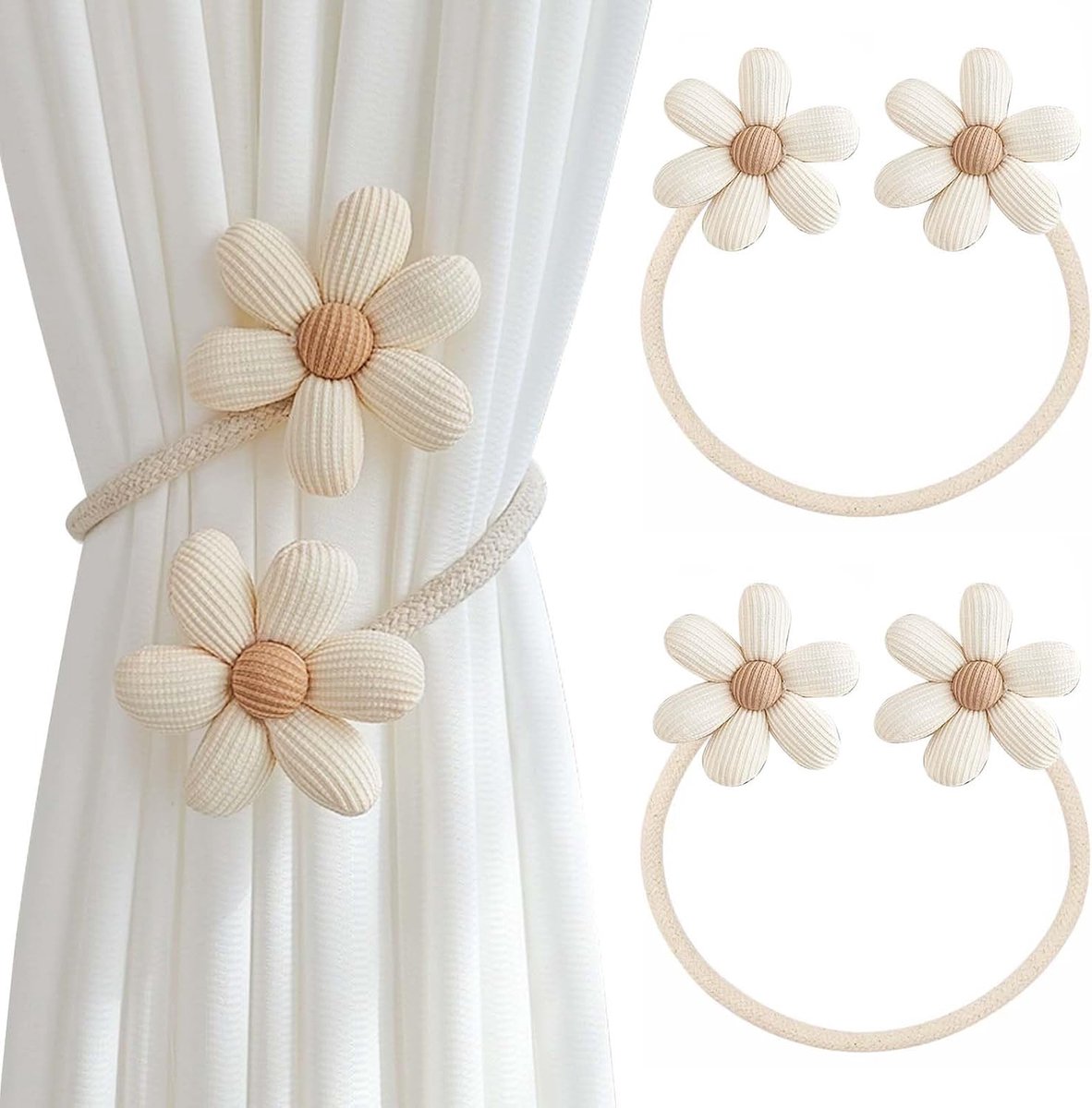 Gordijnhouders bloemen, 2 stuks - verstelbare lengte - beige wit - schattige decoratie voor ramen - ShopVlot