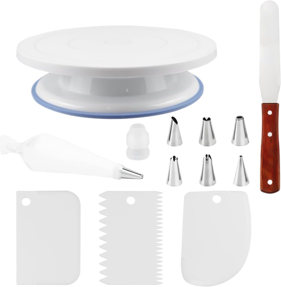 SnelShoppen - Draaiende Taartstandaard met 7 Spuitmondjes, Spatel, Taartschep en Taartdecoratie Set - 360° Rotatie, Antislip Basis voor Keuken en Fees