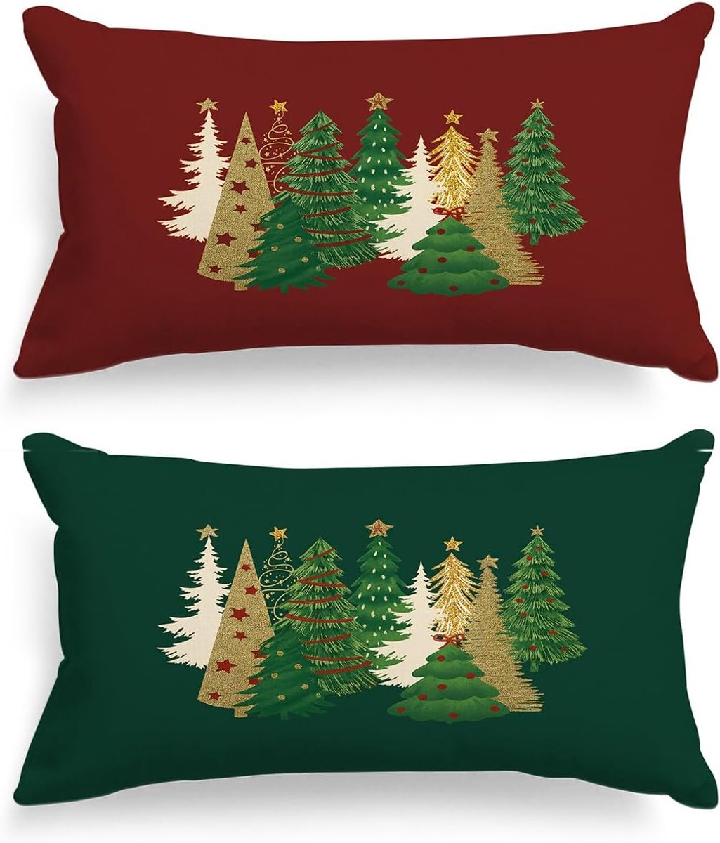 SnelShoppen - Set van 2 Kerst Kussenhoezen 16x32 cm, Rode en Groene Decoratieve Lumbar Kussenhoezen voor Feestdagen, 100% Polyester, Machinewasbaar, K