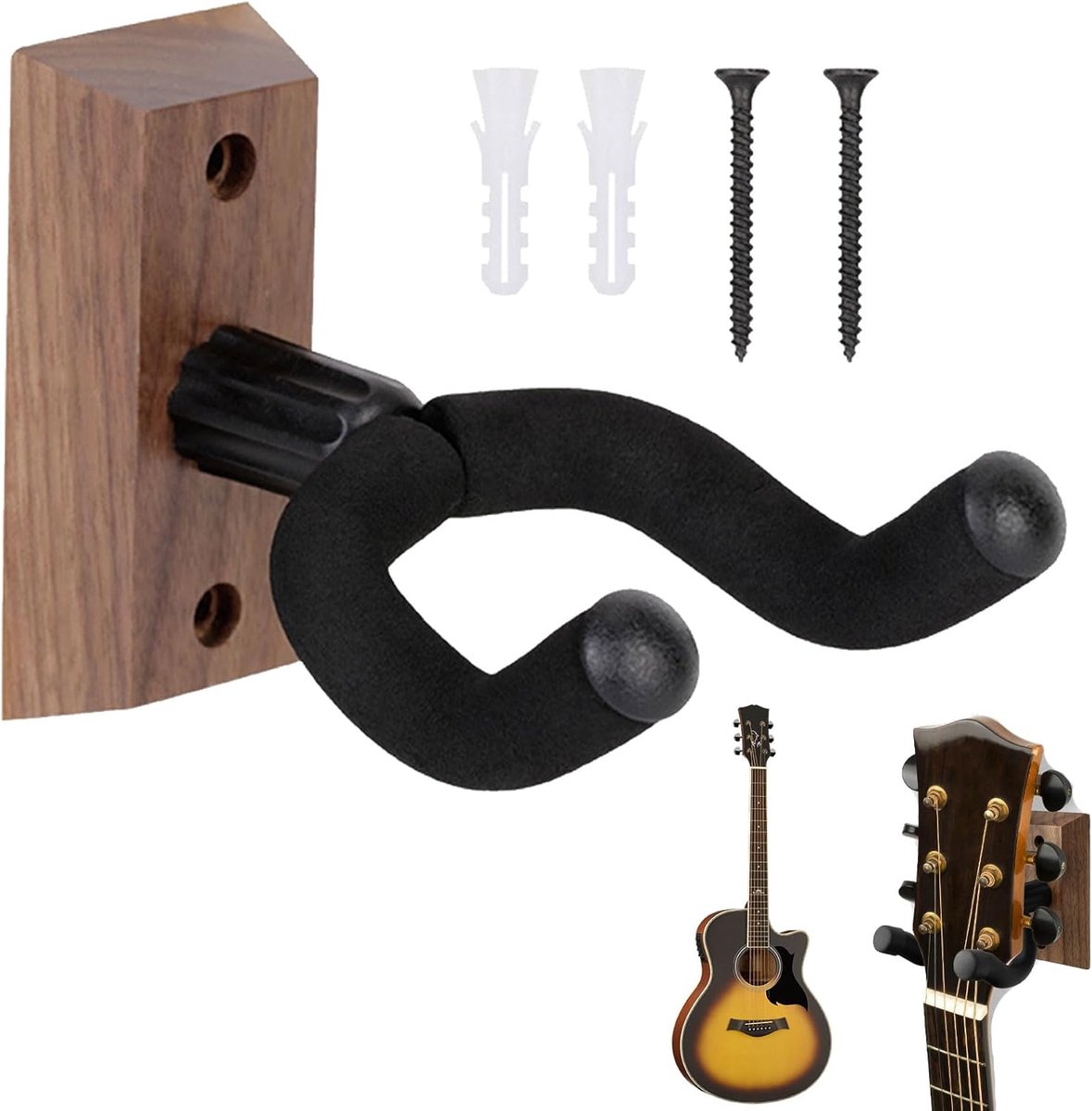 Guitarhouder voor aan de muur - verstelbare zachte haak - zwart walnoot hout - ideale ophang oplossing - ShopVlot