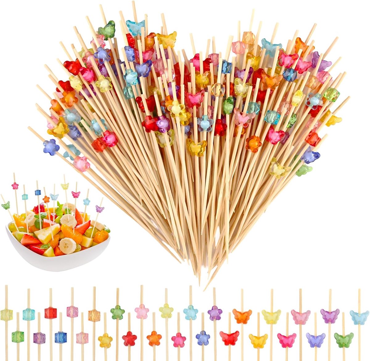 300 Pieces Cocktail Skewers, Wooden Skewers, 12 cm, Cocktail Decoration, Toothpicks, Wood with Butterfly, Flower and - ShopVlot