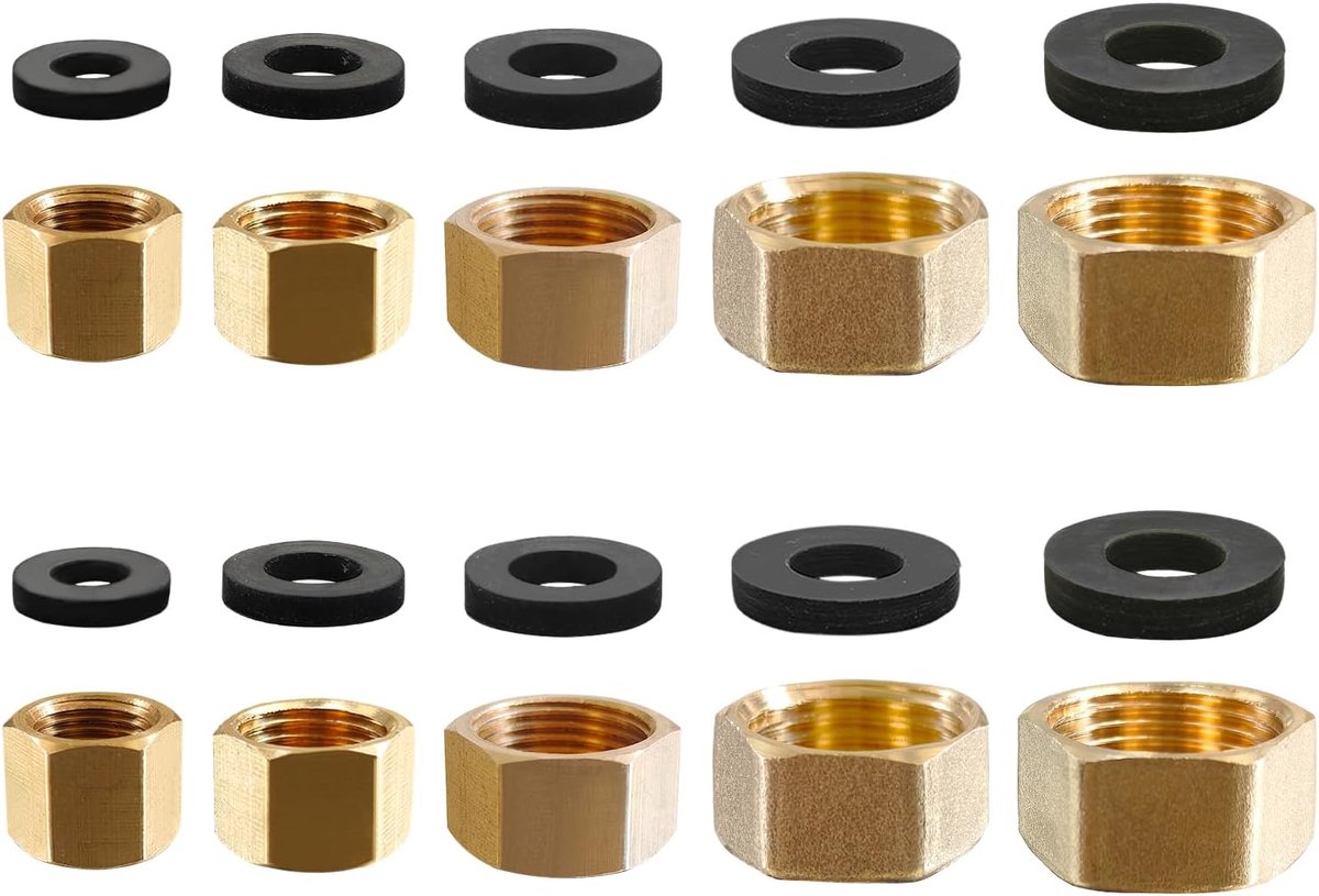 SnelShoppen - Set van 10 Messing Kap Seal Caps 1/8 1/4 3/8 3/4 1/2 Inch met Rubber Seals voor Waterleidingen, Taps en Verwarmingsbuizen, Perfect voor