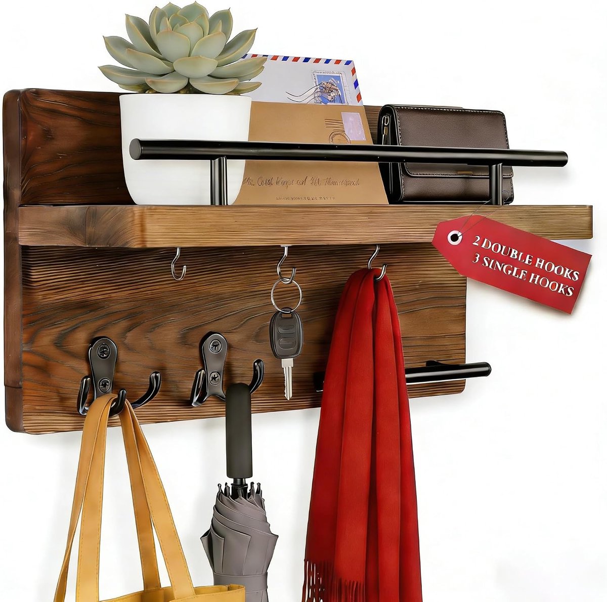 SnelShoppen - Wandmontage Sleutelhouder - Rustiek Houten Sleutelhanger en Posthouder voor Entree Hal - Decoratief en Functioneel - Hoogwaardige Metaal