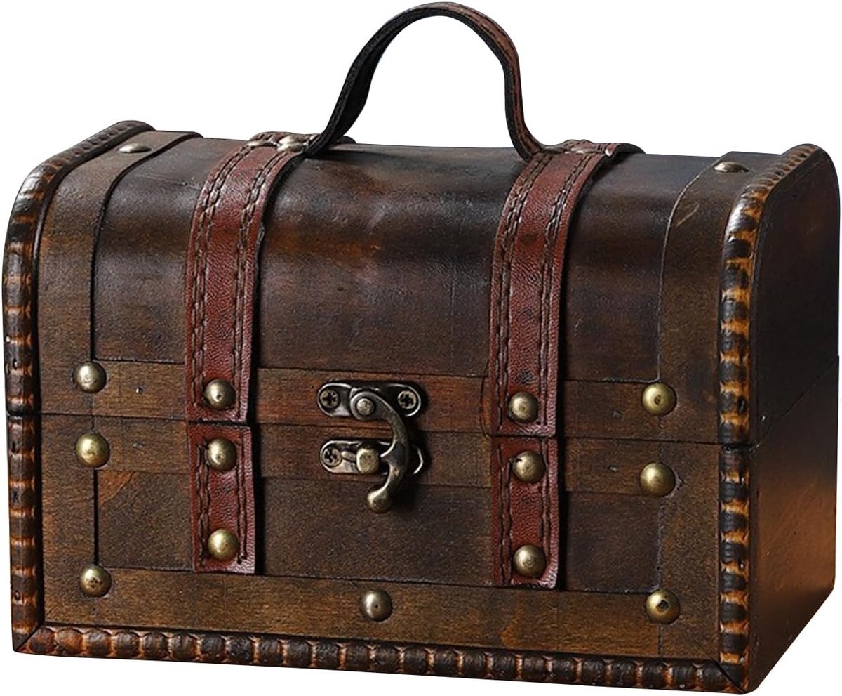 Vintage Houten Schatkist Klein met Slot - 19.2x5x12.5cm - Decoratieve Opbergdoos - SnelShoppen