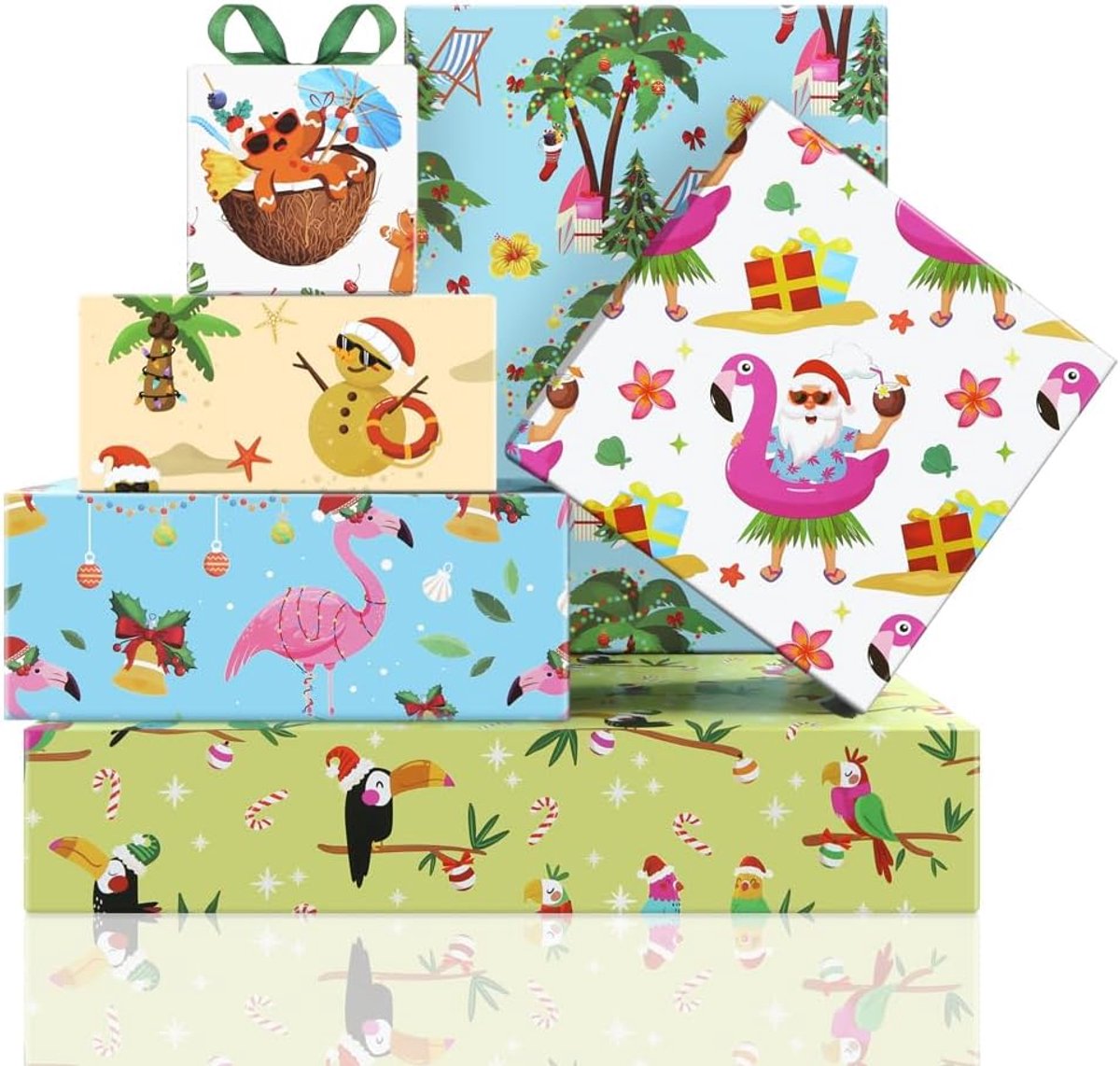 SnelShoppen - Zomerkerstpapier voor jongens en meisjes, 6 vellen cadeaupapier, 51 x 68 cm, kerstman en sneeuwpop, inpakpapier voor feest, Hawaiiaans L