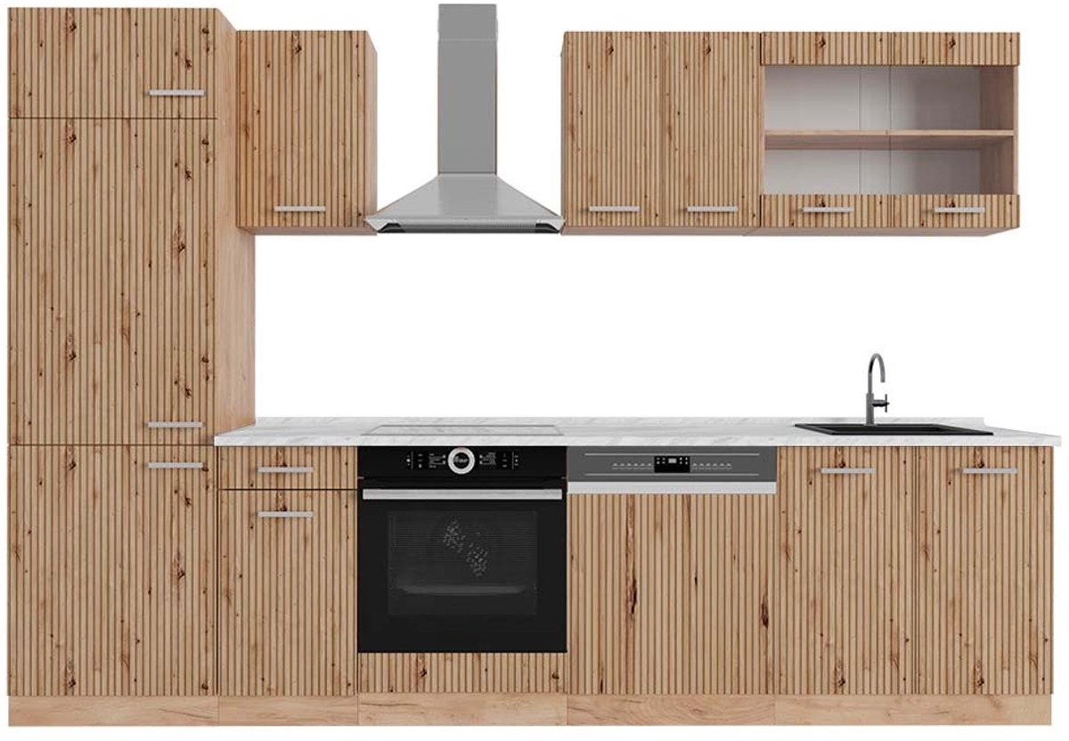 Vicco R-Line Complete keukeneenheid – 300 cm, WB Marmer Artisanaal eiken/Goudkraft eiken