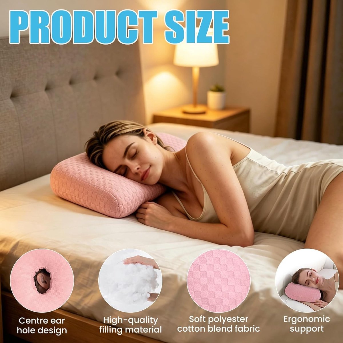 Ergonomisch Piercingkussen voor Zijslapers, Donutkussen voor Drukontlasting en Oorpijn, 44 x 32 x 5 cm, Ideaal voor Gevoelige en Ontstoken Oren, Roze