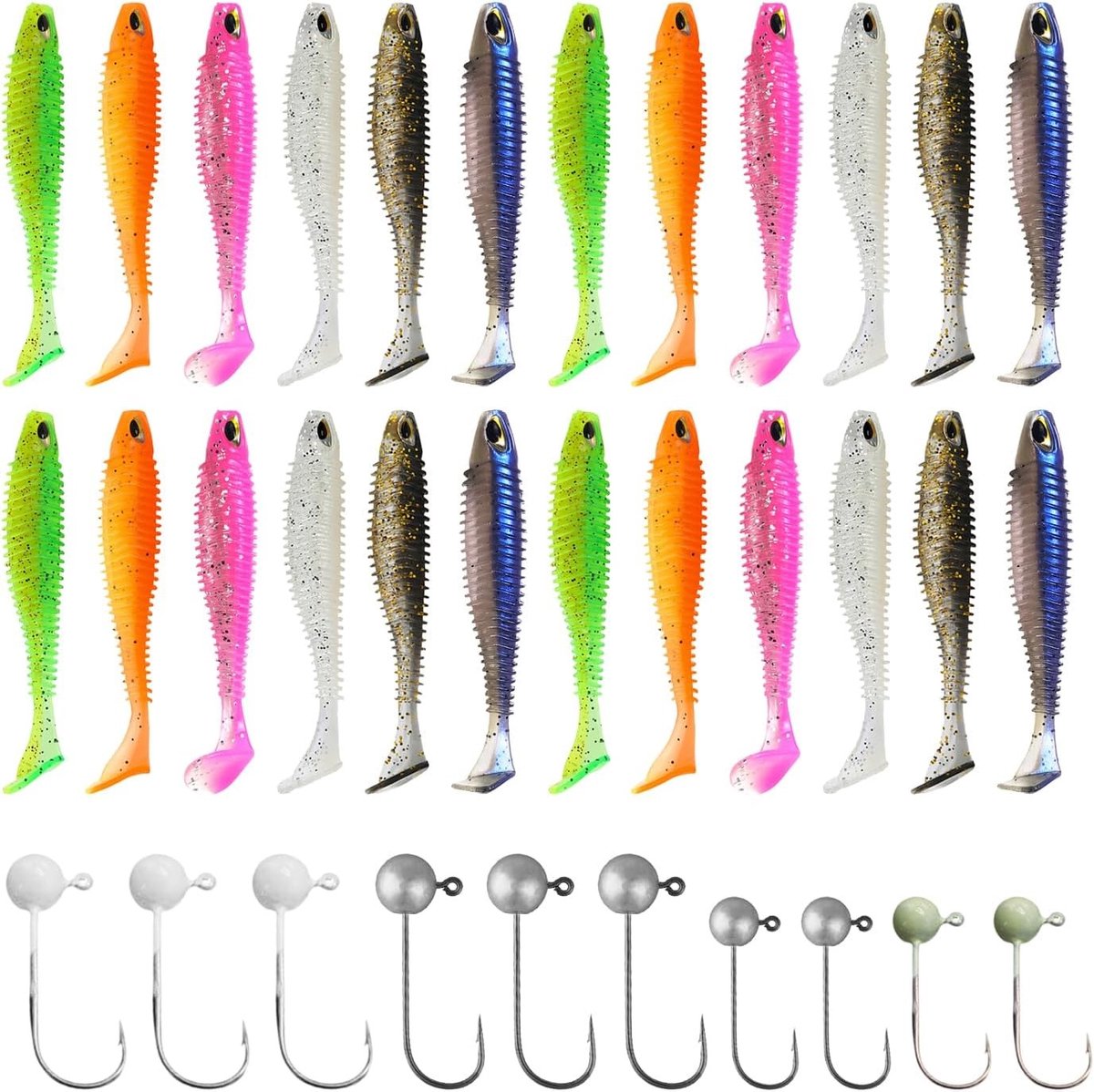 Complete 34-delige kunstaas set met 24 zachte plastic aas (6 kleuren) en 10 jigkoppen (2 maten, 5 glow in the dark) voor zeevissen en diverse visavonturen