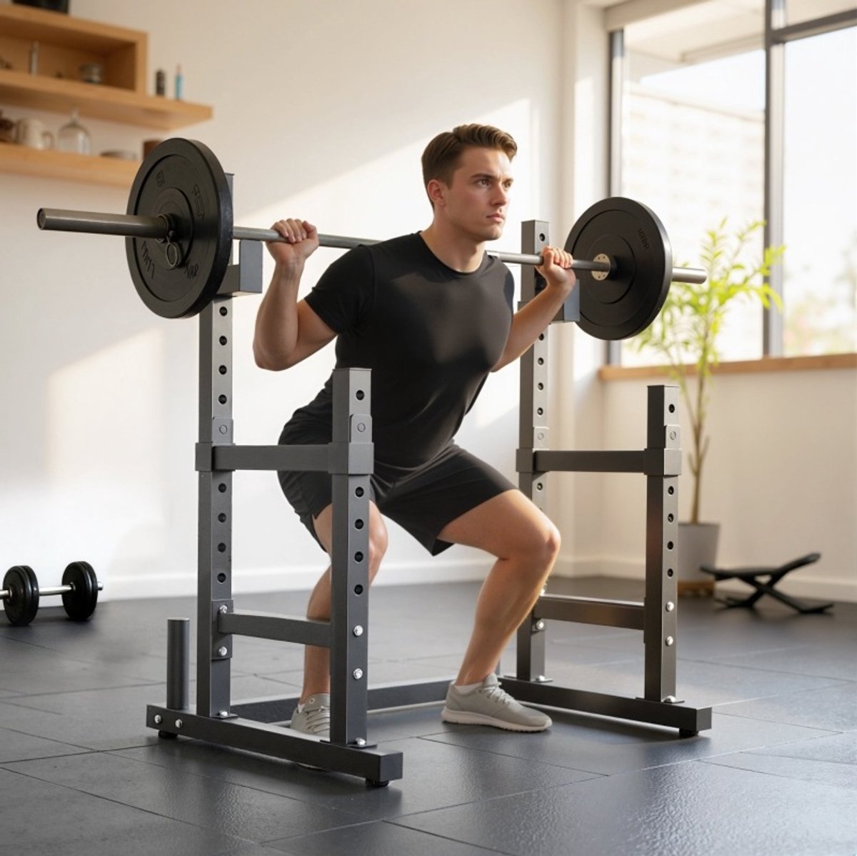REDOM - Halterrek - 2 niveaus - In hoogte verstelbaar - Geintegreerde halterschijfhouders - Thuisgym - Carbonstaal - Zwart - 110 x 91 x 145 cm