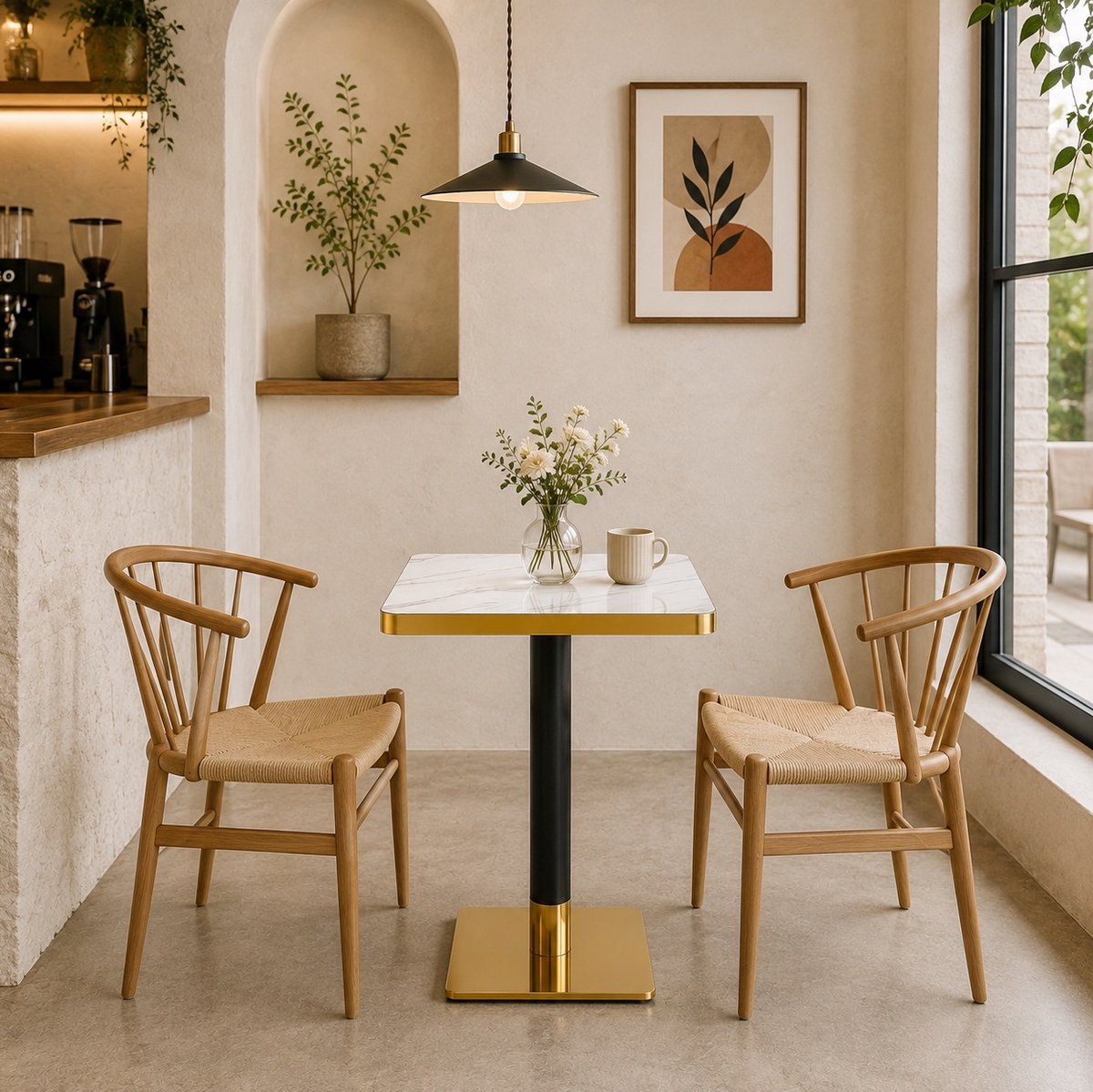 FloraGrace Eettafel - Vierkante Marmerlook Tafel Met Gouden Rand En Metalen Onderstel - Modern Voor Woonkamer En Keuken - Wit - 60x60x74 Cm