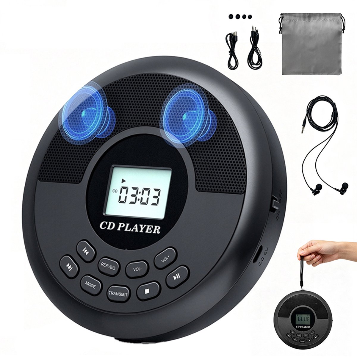 Bluetooth-cd-speler – Draagbare mp3-speler – Hoge geluidskwaliteit – Bluetooth-functionaliteit – Inclusief oordopjes, USB-kabel en draagtas – Lichtgewicht en draagbaar – Grijs