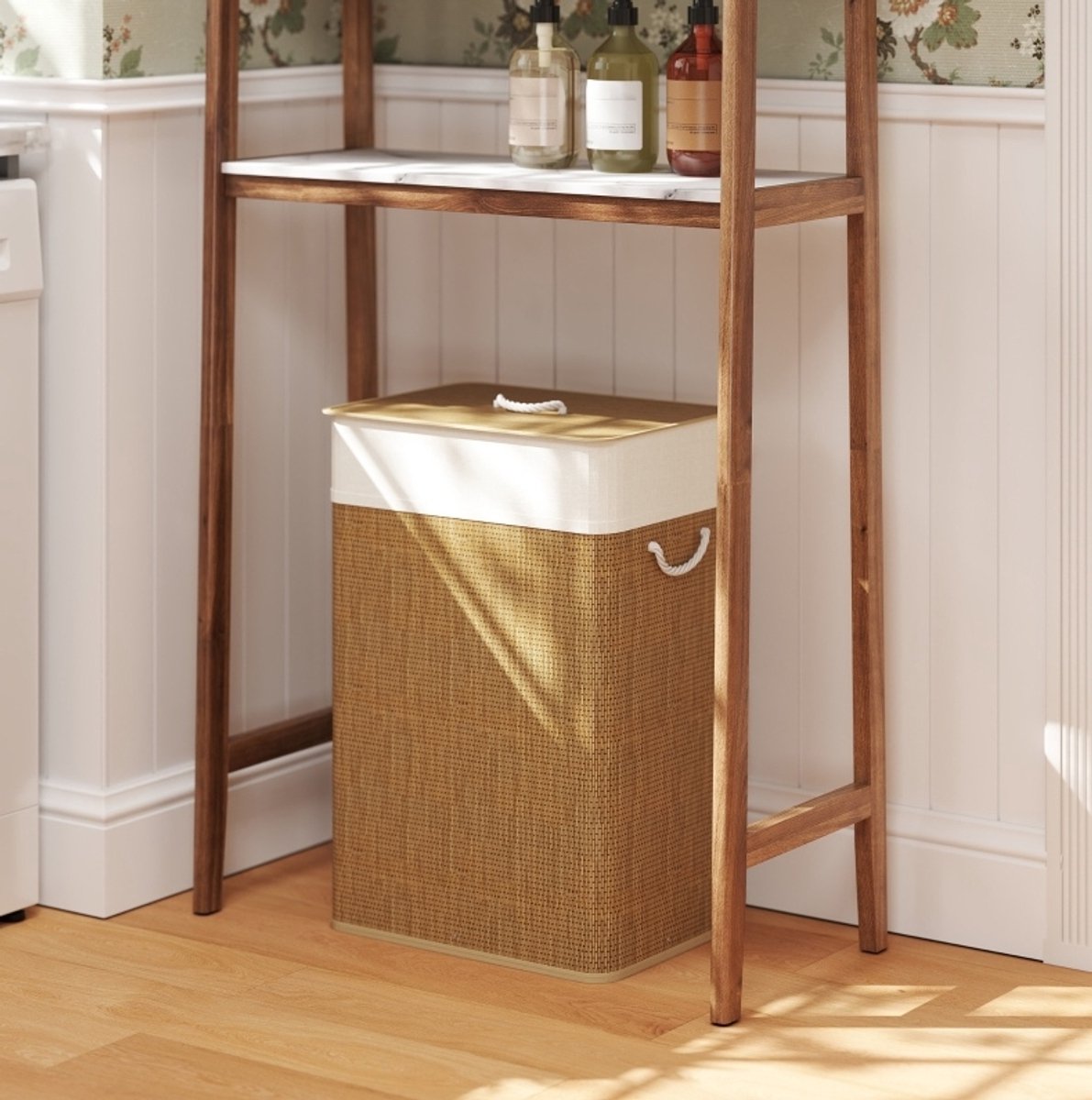 COVREO Wasmand 40x30x60 cm bruin, bamboe met deksel en uitneembare waszak